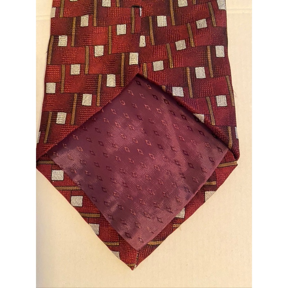 Louis Roth Mens Silk Tie Burgundy Red Geometric Square Pattern Handmade Necktie